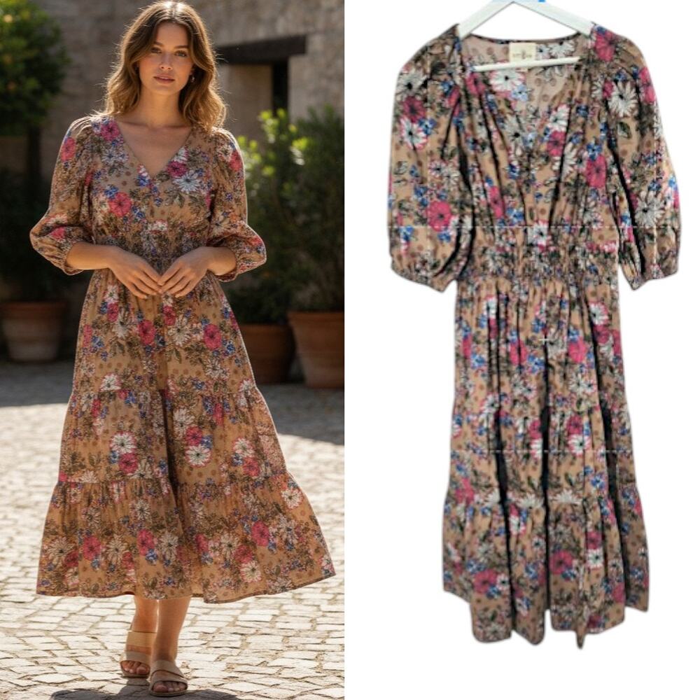 Umgee Tiered Floral Midi Dress Wmn's Sz M Balloon Sleeve Smocked Waist Flowy